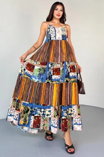 ELB-1828 Kahverengi Çok Renkli Etnik Desenli Kat Kat Viskon Askılı Elbise - 3