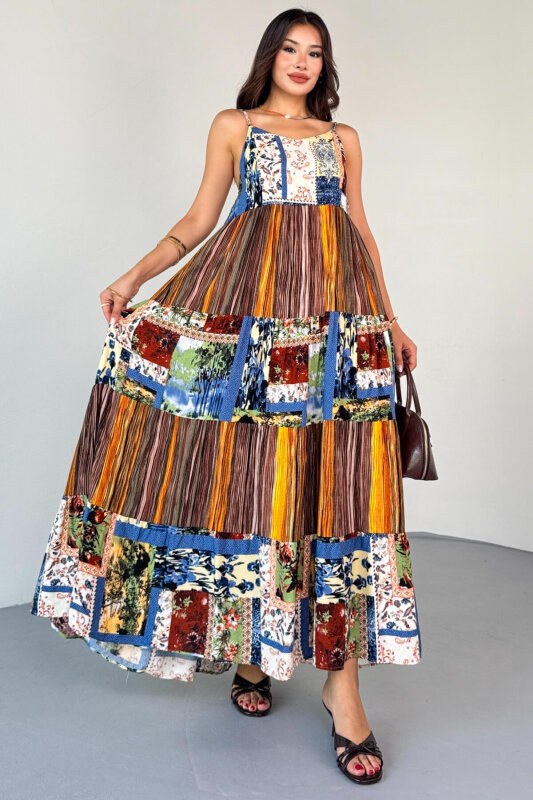 ELB-1828 Kahverengi Çok Renkli Etnik Desenli Kat Kat Viskon Askılı Elbise - 3