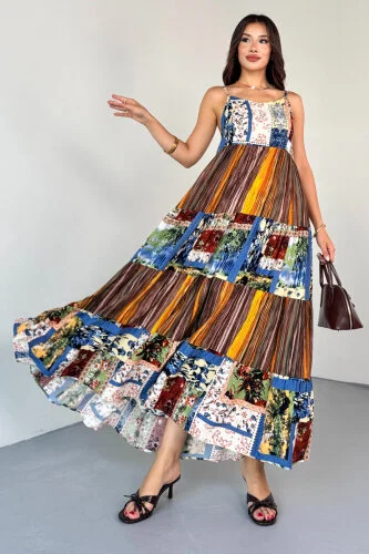 ELB-1828 Kahverengi Çok Renkli Etnik Desenli Kat Kat Viskon Askılı Elbise - 5