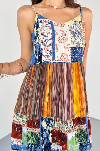 ELB-1828 Kahverengi Çok Renkli Etnik Desenli Kat Kat Viskon Askılı Elbise - 4