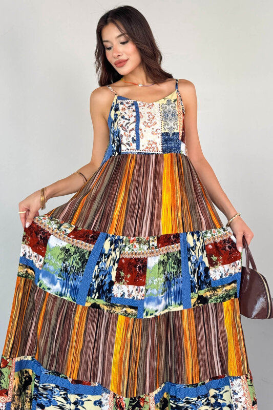 ELB-1828 Kahverengi Çok Renkli Etnik Desenli Kat Kat Viskon Askılı Elbise - 2