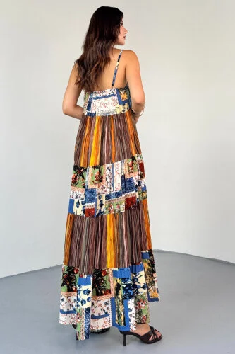 ELB-1828 Kahverengi Çok Renkli Etnik Desenli Kat Kat Viskon Askılı Elbise - 6