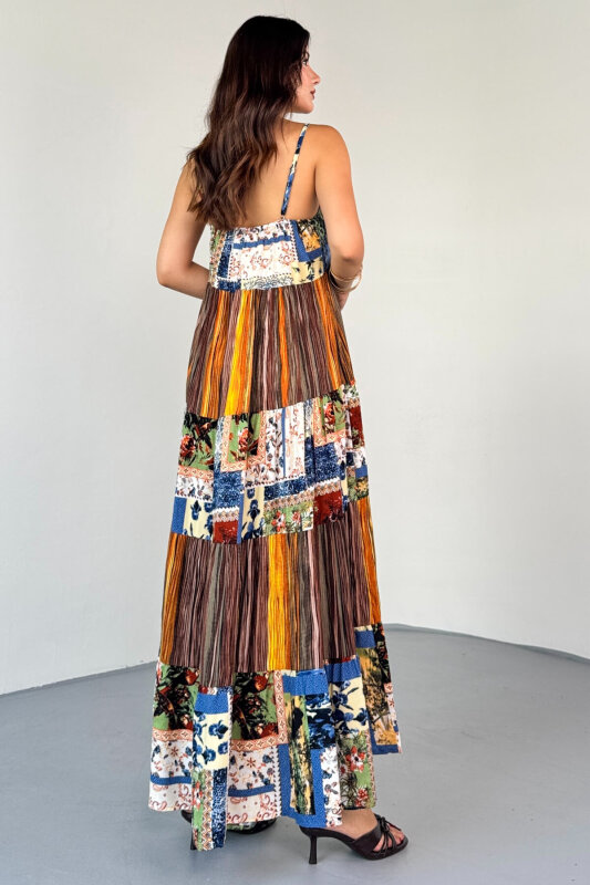 ELB-1828 Kahverengi Çok Renkli Etnik Desenli Kat Kat Viskon Askılı Elbise - 6