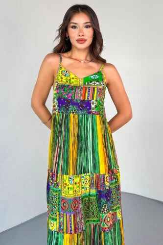 ELB-1828 Yeşil Çok Renkli Etnik Desenli Kat Kat Viskon Askılı Elbise - 4