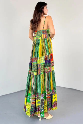 ELB-1828 Yeşil Çok Renkli Etnik Desenli Kat Kat Viskon Askılı Elbise - 3