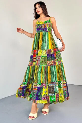 ELB-1828 Yeşil Çok Renkli Etnik Desenli Kat Kat Viskon Askılı Elbise