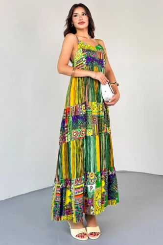 ELB-1828 Yeşil Çok Renkli Etnik Desenli Kat Kat Viskon Askılı Elbise - 5