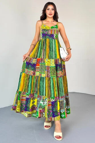 ELB-1828 Yeşil Çok Renkli Etnik Desenli Kat Kat Viskon Askılı Elbise - 6