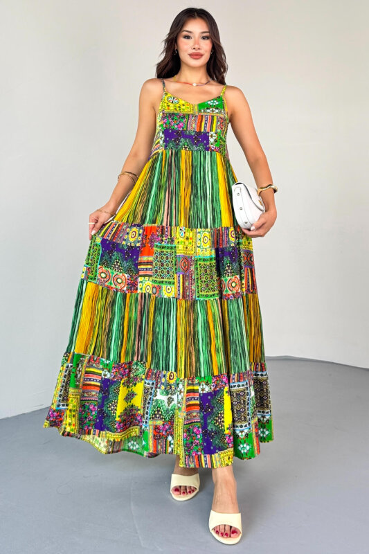 ELB-1828 Yeşil Çok Renkli Etnik Desenli Kat Kat Viskon Askılı Elbise - 6