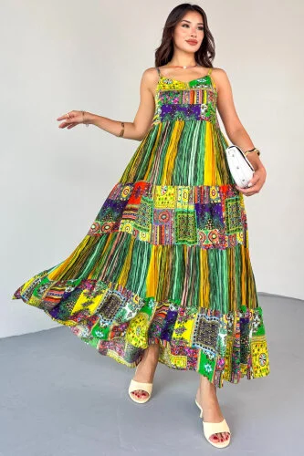 ELB-1828 Yeşil Çok Renkli Etnik Desenli Kat Kat Viskon Askılı Elbise - 7