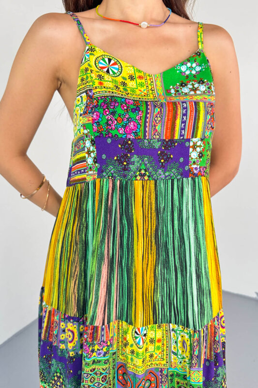 ELB-1828 Yeşil Çok Renkli Etnik Desenli Kat Kat Viskon Askılı Elbise - 8