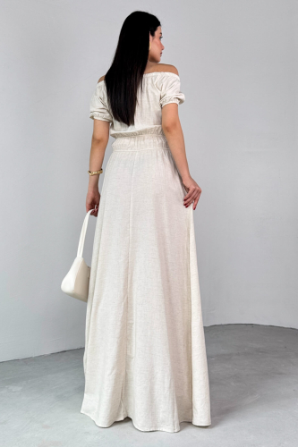 ELB-25212 Taş Rengi Balon Kol Lastik Detaylı Dökümlü Elbise  - 3