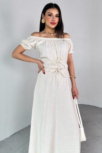 ELB-25212 Taş Rengi Balon Kol Lastik Detaylı Dökümlü Elbise  (1)