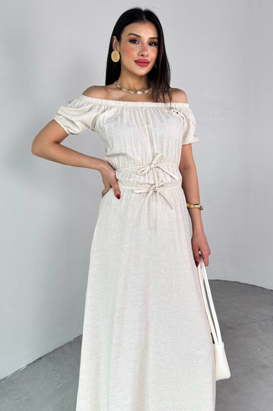 ELB-25212 Taş Rengi Balon Kol Lastik Detaylı Dökümlü Elbise  - 2