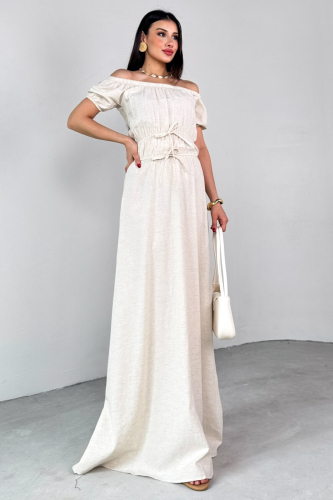 ELB-25212 Taş Rengi Balon Kol Lastik Detaylı Dökümlü Elbise 