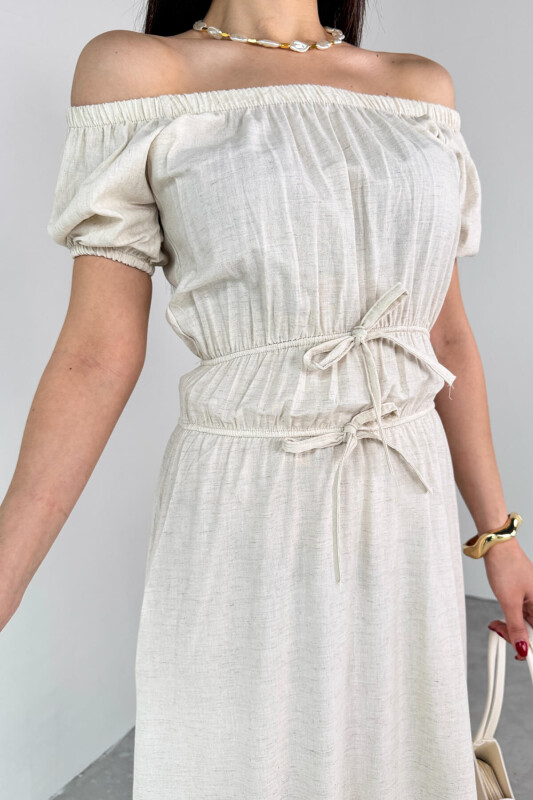 ELB-25212 Taş Rengi Balon Kol Lastik Detaylı Dökümlü Elbise  - 4