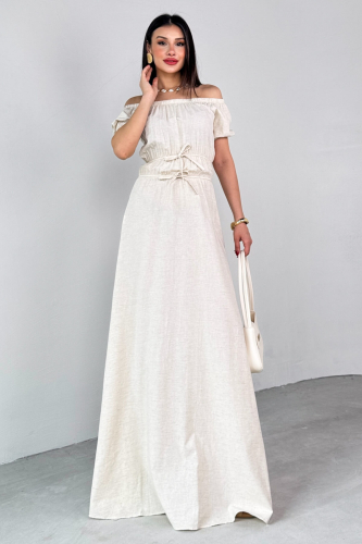 ELB-25212 Taş Rengi Balon Kol Lastik Detaylı Dökümlü Elbise  - 5