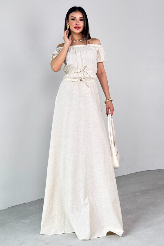 ELB-25212 Taş Rengi Balon Kol Lastik Detaylı Dökümlü Elbise  - 5