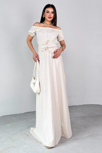 ELB-25212 Taş Rengi Balon Kol Lastik Detaylı Dökümlü Elbise  - 6