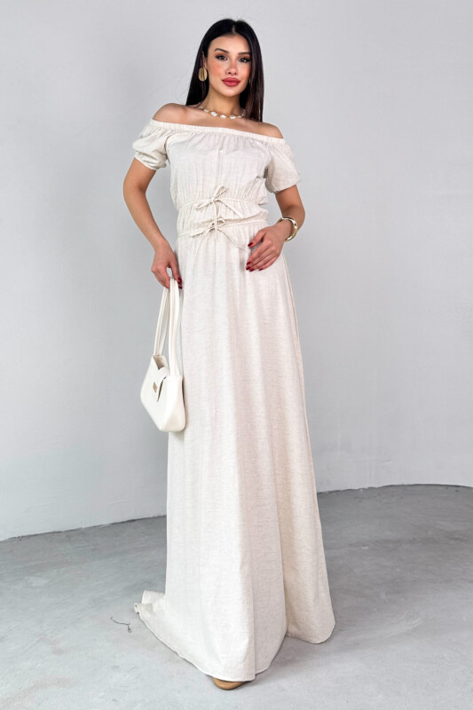 ELB-25212 Taş Rengi Balon Kol Lastik Detaylı Dökümlü Elbise  - 6