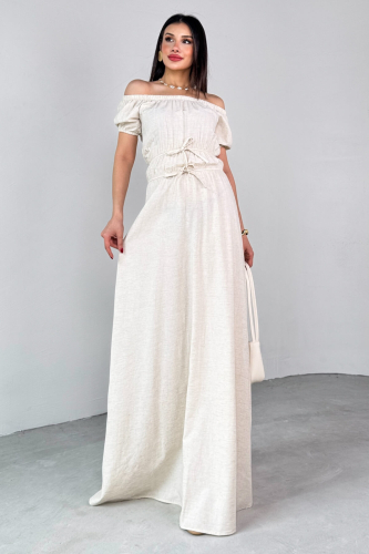 ELB-25212 Taş Rengi Balon Kol Lastik Detaylı Dökümlü Elbise  - 7