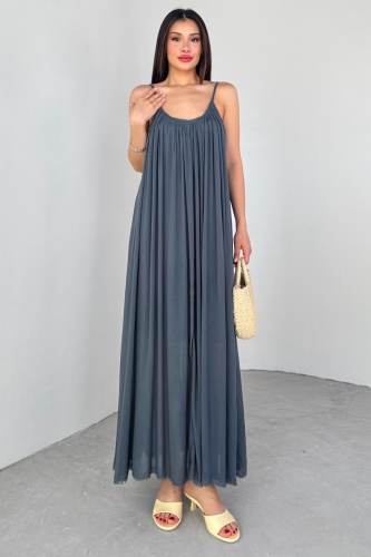 ELB-3173 Antrasit Askılı Astarlı Midi Boy Elbise - 2