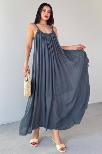 ELB-3173 Antrasit Askılı Astarlı Midi Boy Elbise - 1