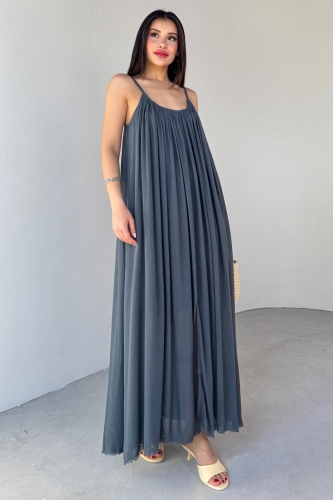 ELB-3173 Antrasit Askılı Astarlı Midi Boy Elbise - 3