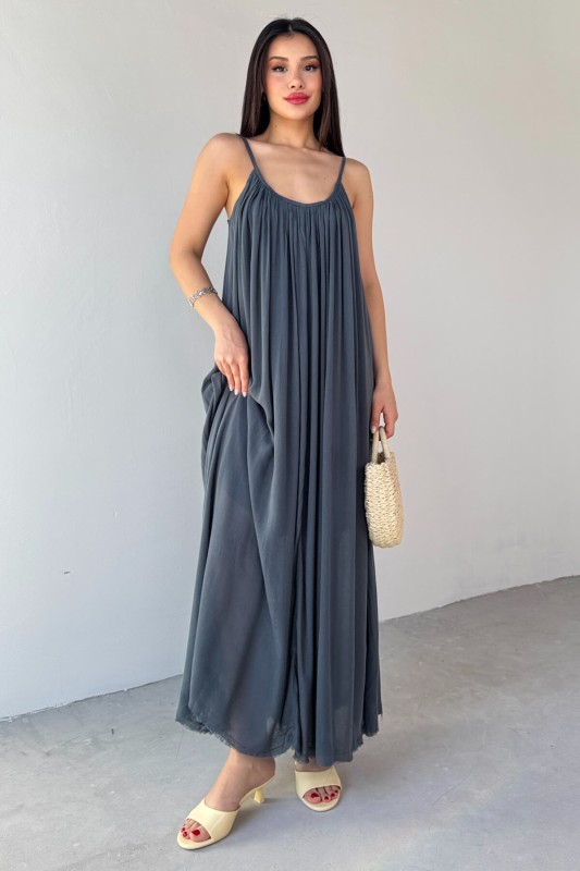 ELB-3173 Antrasit Askılı Astarlı Midi Boy Elbise - 4