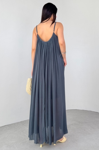 ELB-3173 Antrasit Askılı Astarlı Midi Boy Elbise - 5