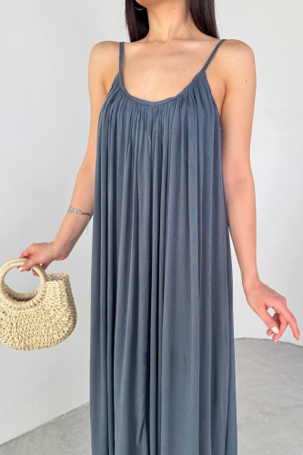 ELB-3173 Antrasit Askılı Astarlı Midi Boy Elbise - 6