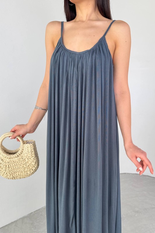 ELB-3173 Antrasit Askılı Astarlı Midi Boy Elbise - 6