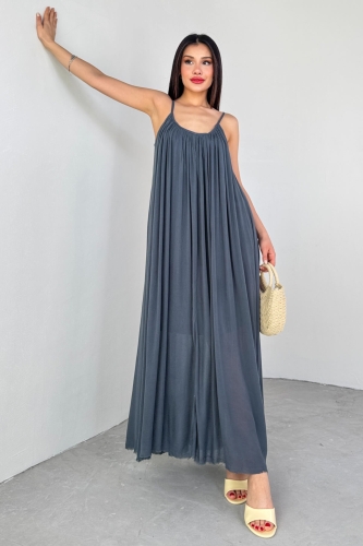 ELB-3173 Antrasit Askılı Astarlı Midi Boy Elbise - 7