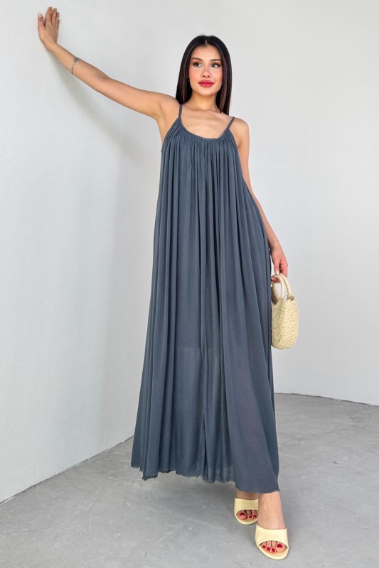 ELB-3173 Antrasit Askılı Astarlı Midi Boy Elbise - 7