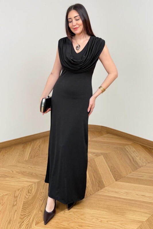 ELB-4542 Siyah Degaje Yaka Kolyeli Sandy Uzun Elbise - 1