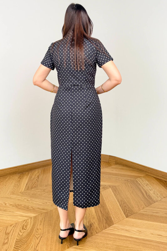 ELB-4575 Siyah Kare Yaka Bağcıklı Puantiyeli Atlas Elbise - 6