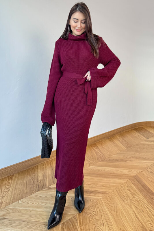 ELB-5199 Bordo Kuşaklı Balıkçı Yaka Pelerin Kollu Uzun Triko Elbise - 2