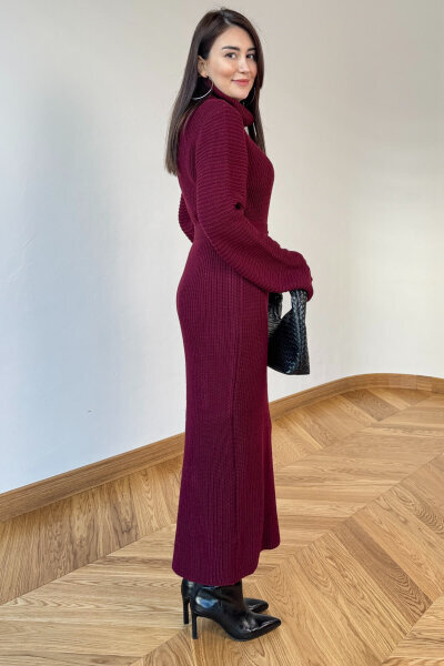 ELB-5199 Bordo Kuşaklı Balıkçı Yaka Pelerin Kollu Uzun Triko Elbise - 3