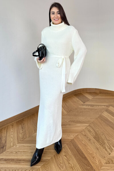 ELB-5199 Ekru Kuşaklı Balıkçı Yaka Pelerin Kollu Uzun Triko Elbise