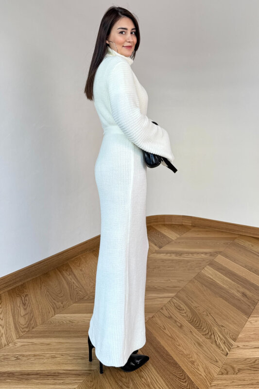 ELB-5199 Ekru Kuşaklı Balıkçı Yaka Pelerin Kollu Uzun Triko Elbise - 4