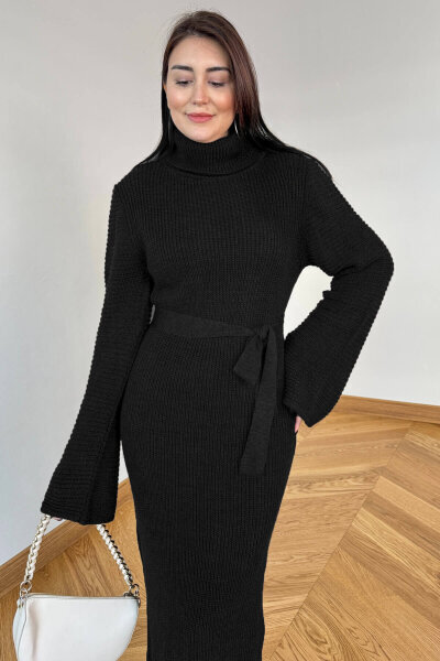 ELB-5199 Siyah Kuşaklı Balıkçı Yaka Pelerin Kollu Uzun Triko Elbise (1)