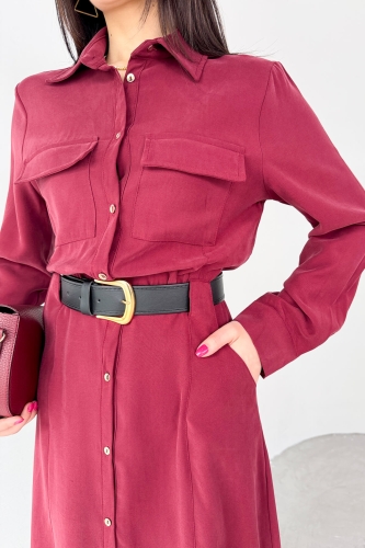 ELB-8189 Bordo Kemerli Cep Detaylı Düğmeli Elbise - 3