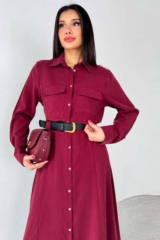 ELB-8189 Bordo Kemerli Cep Detaylı Düğmeli Elbise - 4