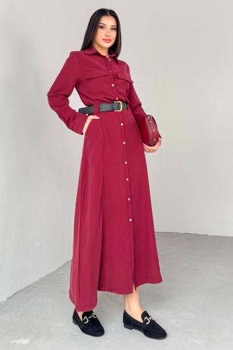 ELB-8189 Bordo Kemerli Cep Detaylı Düğmeli Elbise