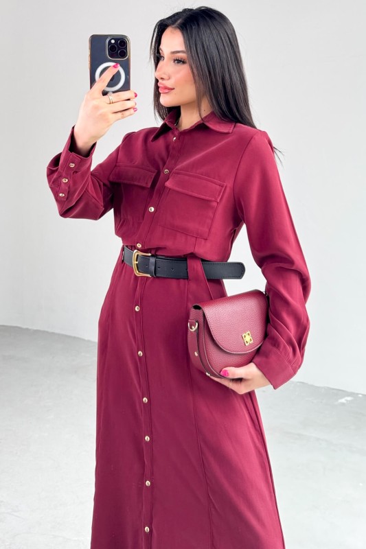 ELB-8189 Bordo Kemerli Cep Detaylı Düğmeli Elbise - 2