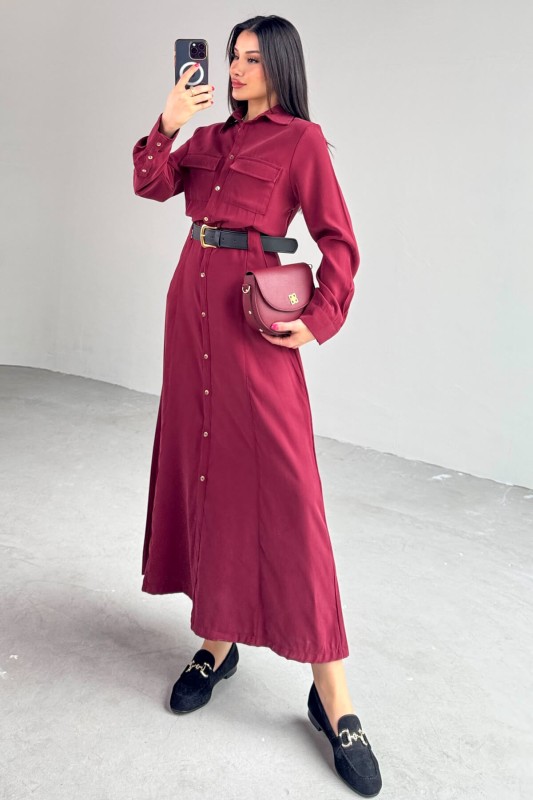 ELB-8189 Bordo Kemerli Cep Detaylı Düğmeli Elbise - 5