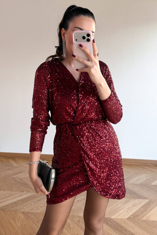 ELB-83745 Bordo Payet İşlemeli Kruvaze Yaka Mini Elbise - 3