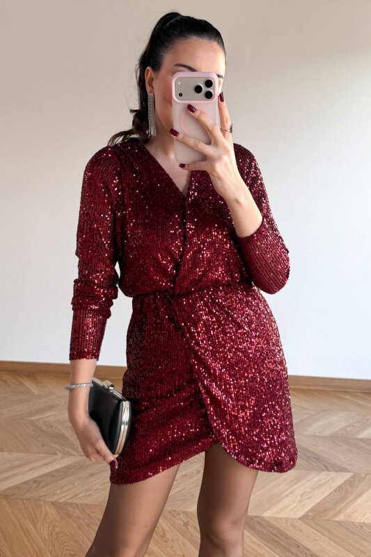 ELB-83745 Bordo Payet İşlemeli Kruvaze Yaka Mini Elbise - 3