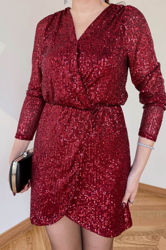 ELB-83745 Bordo Payet İşlemeli Kruvaze Yaka Mini Elbise - 6