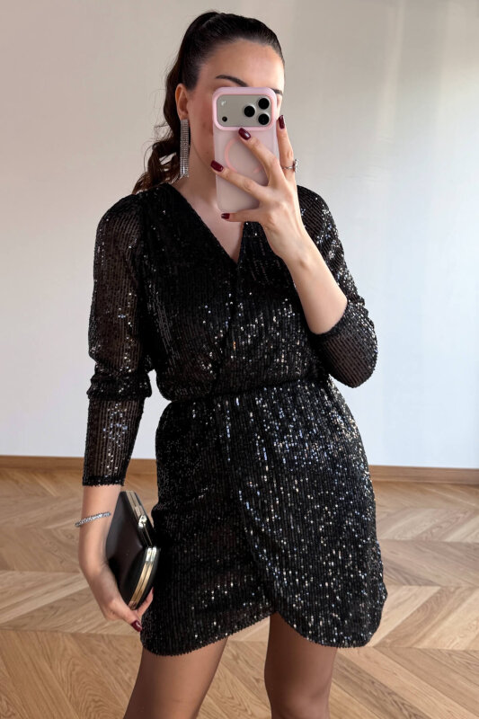 ELB-83745 Siyah Payet İşlemeli Kruvaze Yaka Mini Elbise - 3